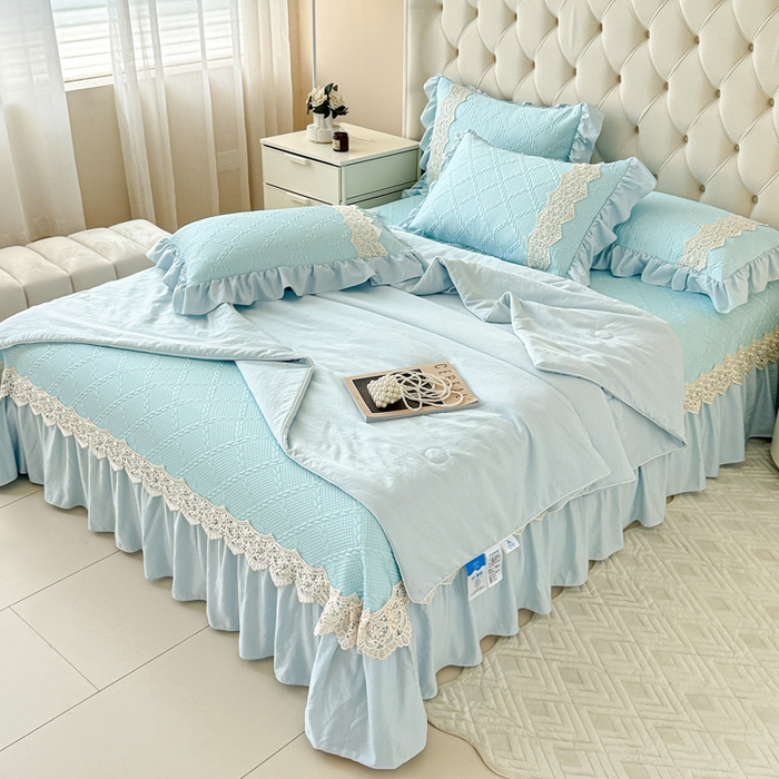 91家纺网 家纺一手货源 找家纺 米可 2025新款PE凉豆豆米拉系列凉席夏被三件套 米拉-浅蓝