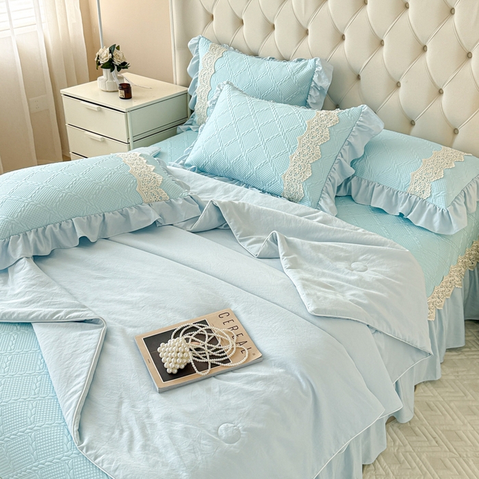 91家纺网 家纺一手货源 找家纺 米可 2025新款PE凉豆豆米拉系列凉席夏被三件套 米拉-浅蓝