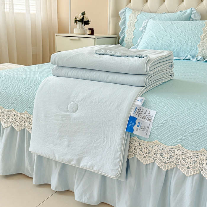 91家纺网 家纺一手货源 找家纺 米可 2025新款PE凉豆豆米拉系列凉席夏被三件套 米拉-浅蓝