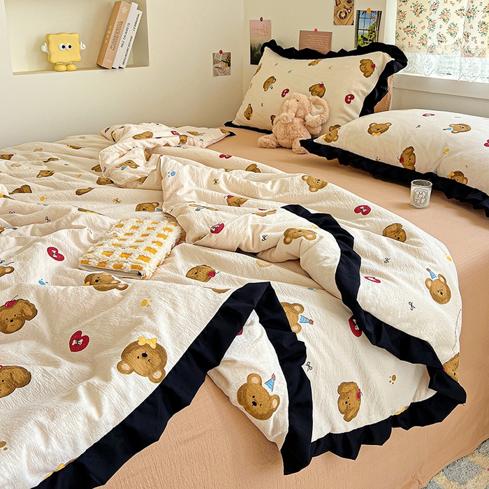 91家纺网 家纺一手货源 找家纺 水木坊 2025春夏新款A云感皱皱纱黑花边夏被夏凉被空调被（含买家秀） 邂逅-奇妙小熊 咖