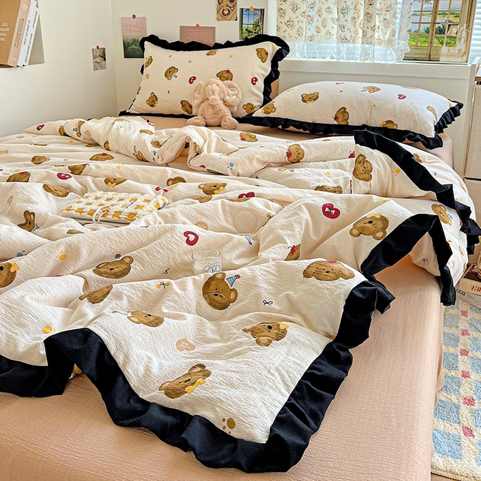 91家纺网 家纺一手货源 找家纺 水木坊 2025春夏新款A云感皱皱纱黑花边夏被夏凉被空调被（含买家秀） 邂逅-奇妙小熊 咖