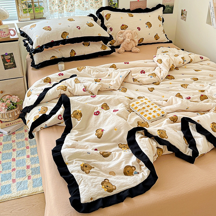 91家纺网 家纺一手货源 找家纺 水木坊 2025春夏新款A云感皱皱纱黑花边夏被夏凉被空调被（含买家秀） 邂逅-奇妙小熊 咖