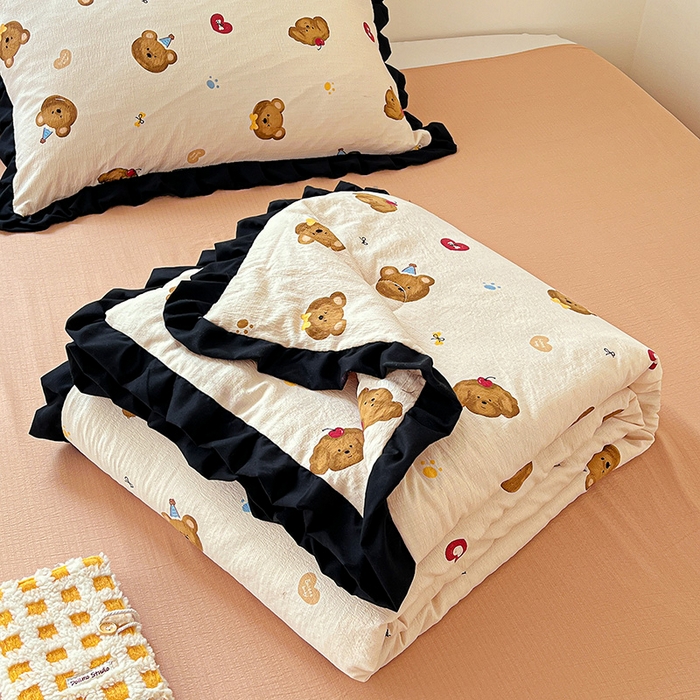 91家纺网 家纺一手货源 找家纺 水木坊 2025春夏新款A云感皱皱纱黑花边夏被夏凉被空调被（含买家秀） 邂逅-奇妙小熊 咖