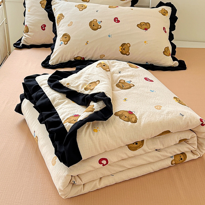 91家纺网 家纺一手货源 找家纺 水木坊 2025春夏新款A云感皱皱纱黑花边夏被夏凉被空调被（含买家秀） 邂逅-奇妙小熊 咖