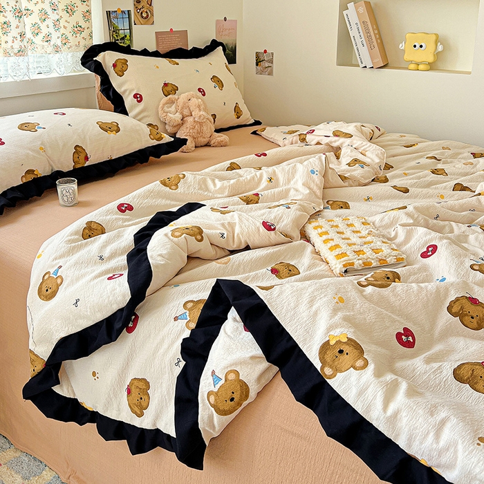 91家纺网 家纺一手货源 找家纺 水木坊 2025春夏新款A云感皱皱纱黑花边夏被夏凉被空调被（含买家秀） 邂逅-奇妙小熊 咖