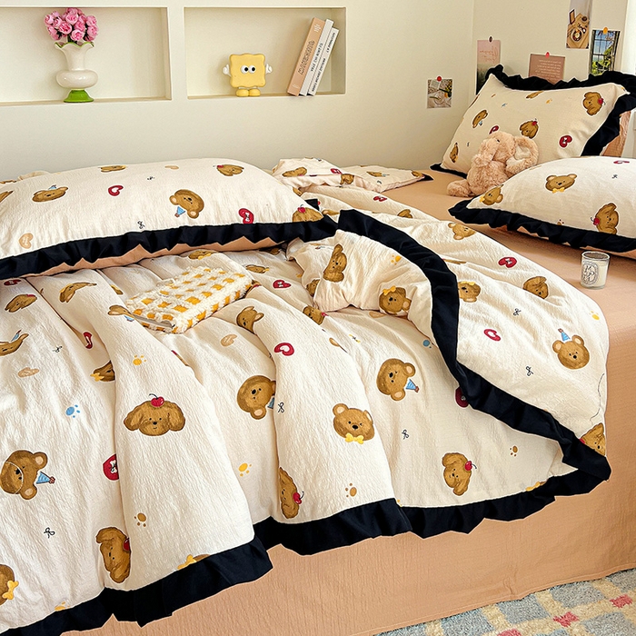 91家纺网 家纺一手货源 找家纺 水木坊 2025春夏新款A云感皱皱纱黑花边夏被夏凉被空调被（含买家秀） 邂逅-奇妙小熊 咖