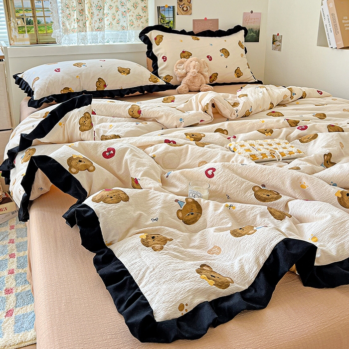 91家纺网 家纺一手货源 找家纺 水木坊 2025春夏新款A云感皱皱纱黑花边夏被夏凉被空调被（含买家秀） 邂逅-奇妙小熊 咖