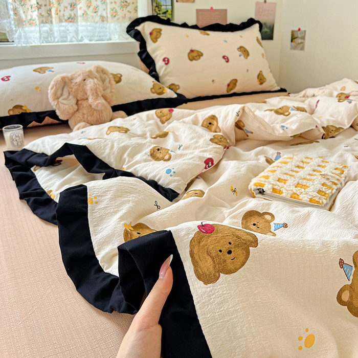 91家纺网 家纺一手货源 找家纺 水木坊 2025春夏新款A云感皱皱纱黑花边夏被夏凉被空调被（含买家秀） 邂逅-奇妙小熊 咖