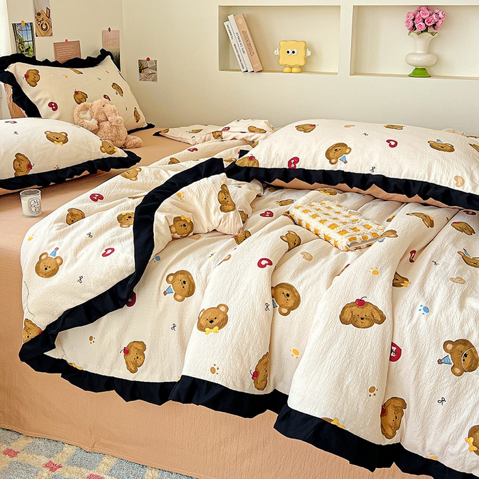 91家纺网 家纺一手货源 找家纺 水木坊 2025春夏新款A云感皱皱纱黑花边夏被夏凉被空调被（含买家秀） 邂逅-奇妙小熊 咖