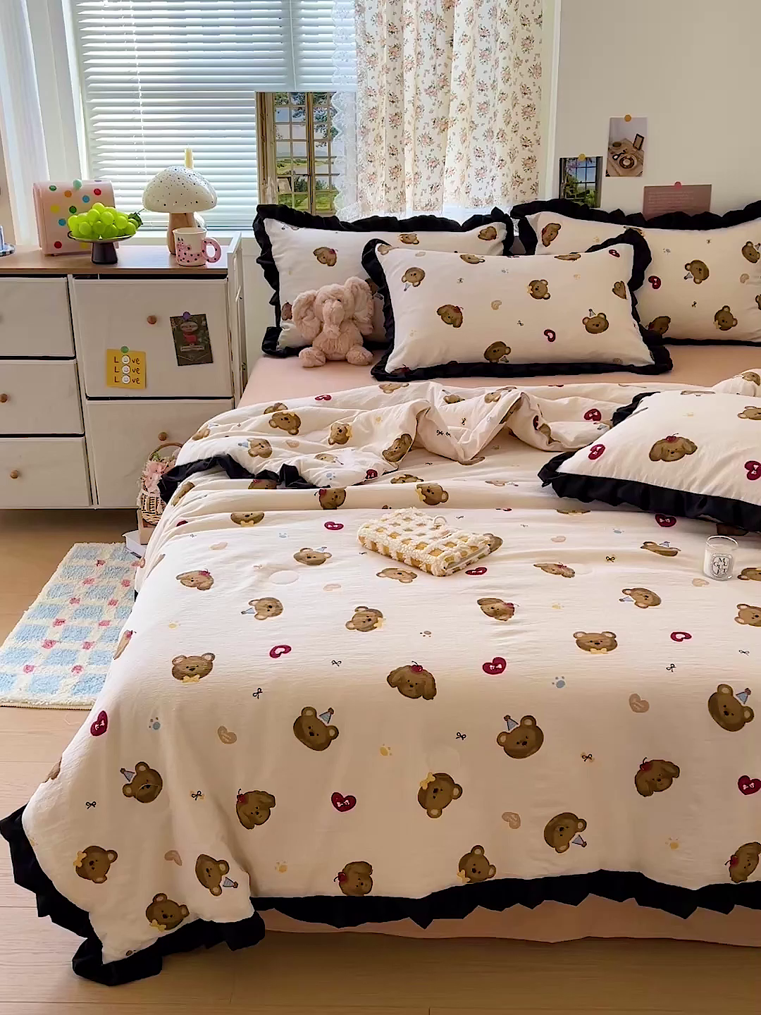 91家纺网 家纺一手货源 找家纺 水木坊 2025春夏新款A云感皱皱纱黑花边夏被夏凉被空调被（含买家秀） 邂逅-奇妙小熊 咖