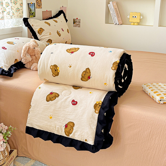 91家纺网 家纺一手货源 找家纺 水木坊 2025春夏新款A云感皱皱纱黑花边夏被夏凉被空调被（含买家秀） 邂逅-奇妙小熊 咖