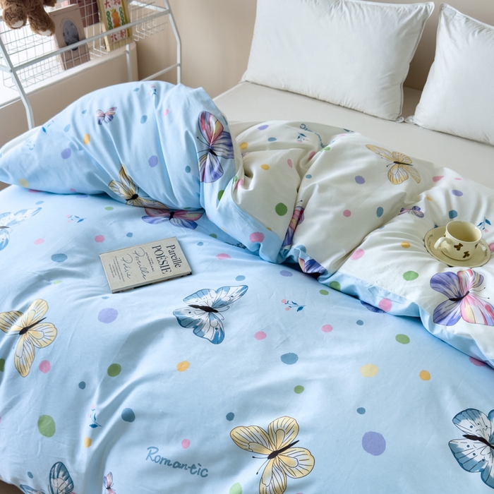 91家纺网 家纺一手货源 找家纺 新款12868全棉学生宿舍三件套卡通纯棉四件套 蝶舞-AB