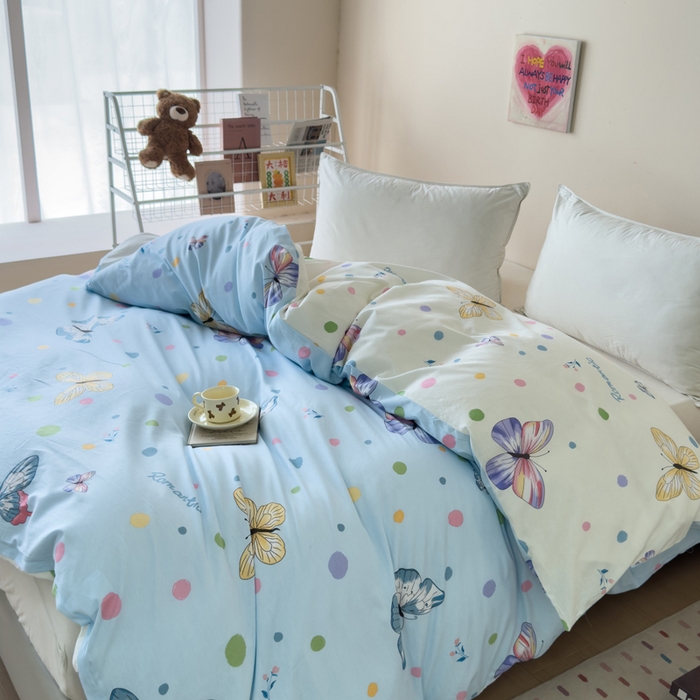 91家纺网 家纺一手货源 找家纺 新款12868全棉学生宿舍三件套卡通纯棉四件套 蝶舞-AB
