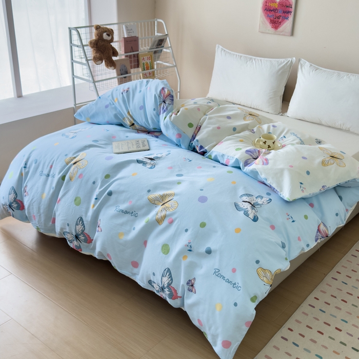 91家纺网 家纺一手货源 找家纺 新款12868全棉学生宿舍三件套卡通纯棉四件套 蝶舞-兰