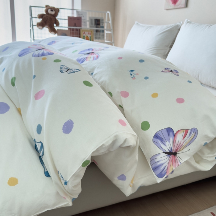 91家纺网 家纺一手货源 找家纺 新款12868全棉学生宿舍三件套卡通纯棉四件套 蝶舞-米黄