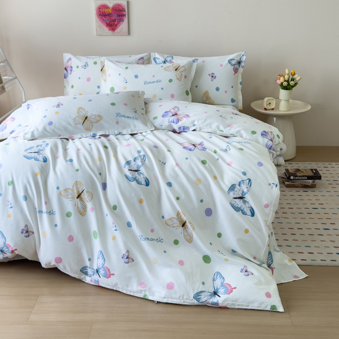 91家纺网 家纺一手货源 找家纺 新款12868全棉学生宿舍三件套卡通纯棉四件套 蝶舞-米黄