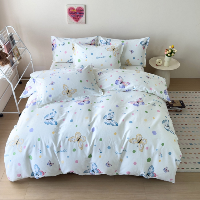 91家纺网 家纺一手货源 找家纺 新款12868全棉学生宿舍三件套卡通纯棉四件套 蝶舞-米黄