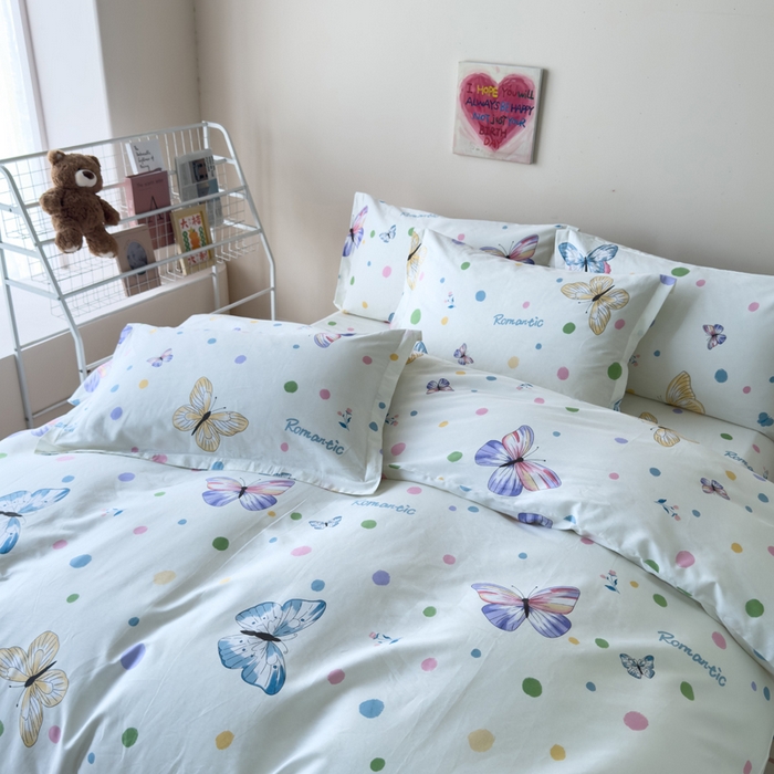 91家纺网 家纺一手货源 找家纺 新款12868全棉学生宿舍三件套卡通纯棉四件套 蝶舞-米黄