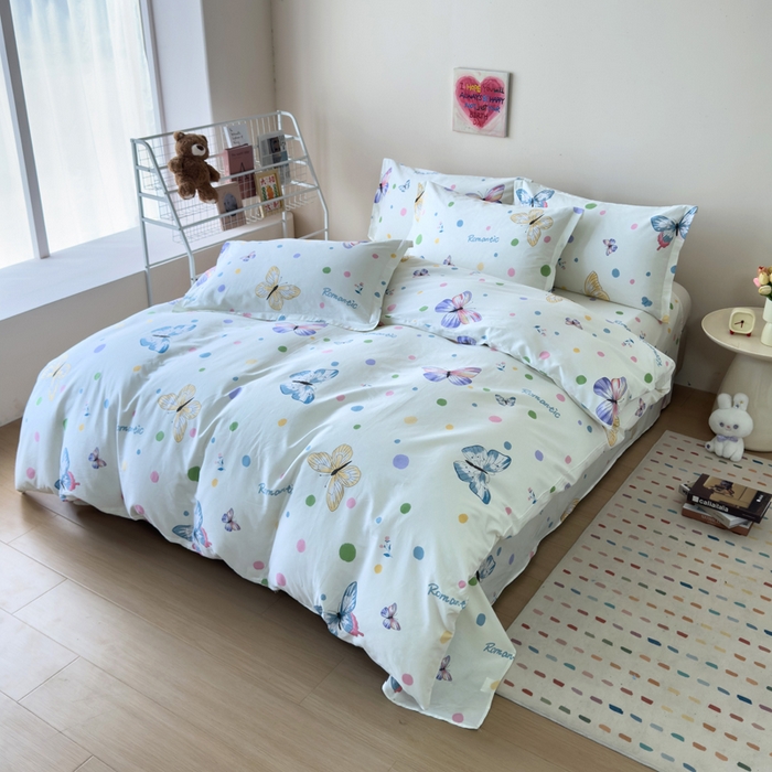 91家纺网 家纺一手货源 找家纺 新款12868全棉学生宿舍三件套卡通纯棉四件套 蝶舞-米黄