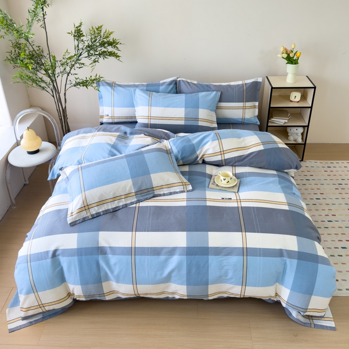 91家纺网 家纺一手货源 找家纺 新款12868全棉学生宿舍三件套卡通纯棉四件套 方格城市