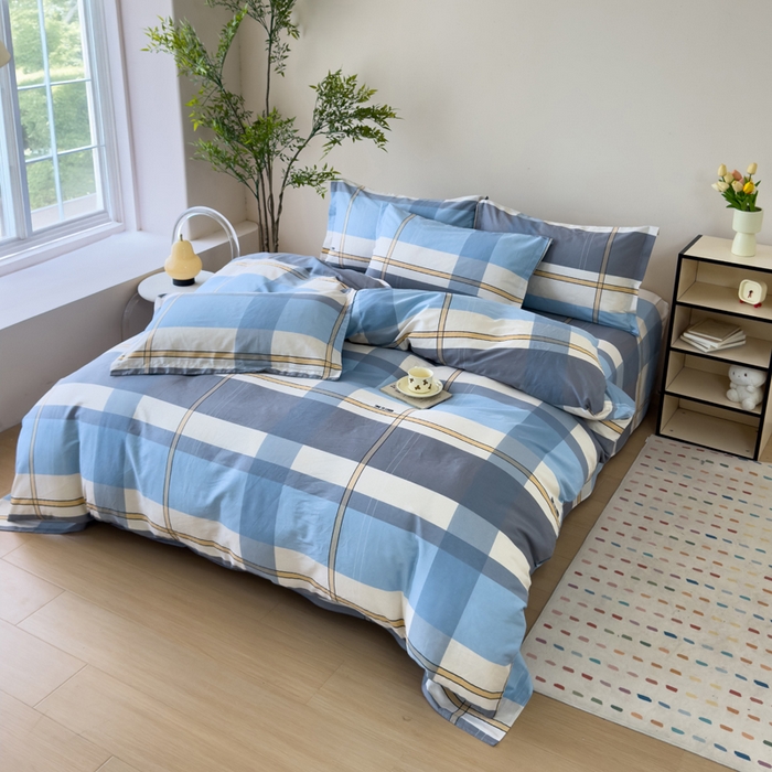 91家纺网 家纺一手货源 找家纺 新款12868全棉学生宿舍三件套卡通纯棉四件套 方格城市