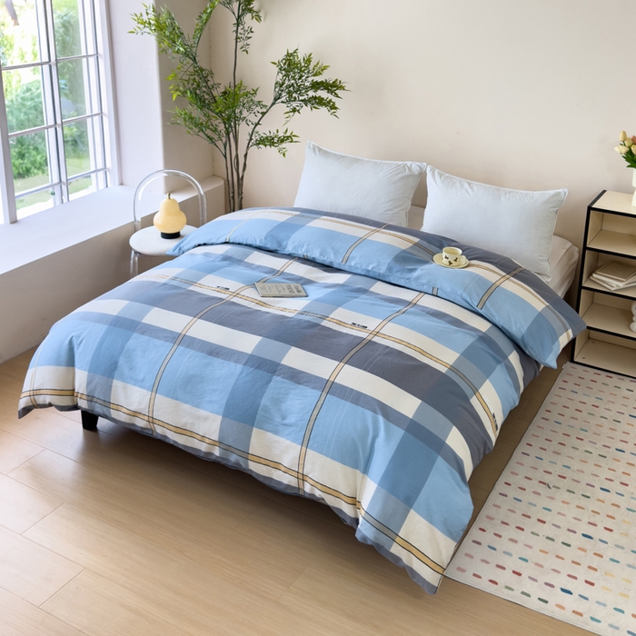 91家纺网 家纺一手货源 找家纺 新款12868全棉学生宿舍三件套卡通纯棉四件套 方格城市