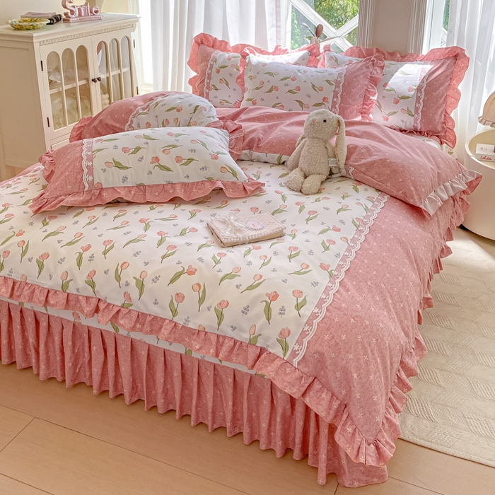 91家纺网 家纺一手货源 找家纺 皇谱家纺 2025新款A类有氧木棉床裙四件套 心花朵朵