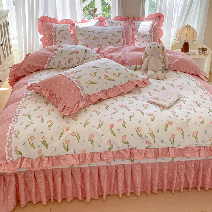 91家纺网 家纺一手货源 找家纺 皇谱家纺 2025新款A类有氧木棉床裙四件套 心花朵朵