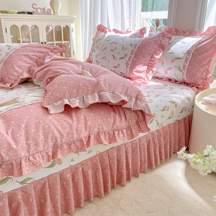 91家纺网 家纺一手货源 找家纺 皇谱家纺 2025新款A类有氧木棉床裙四件套 心花朵朵