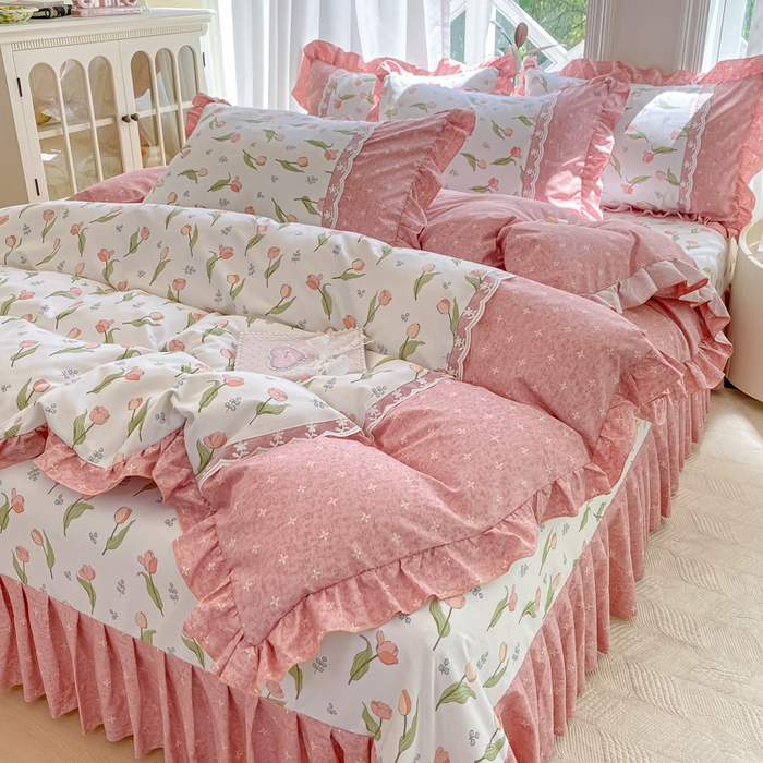 91家纺网 家纺一手货源 找家纺 皇谱家纺 2025新款A类有氧木棉床裙四件套 心花朵朵