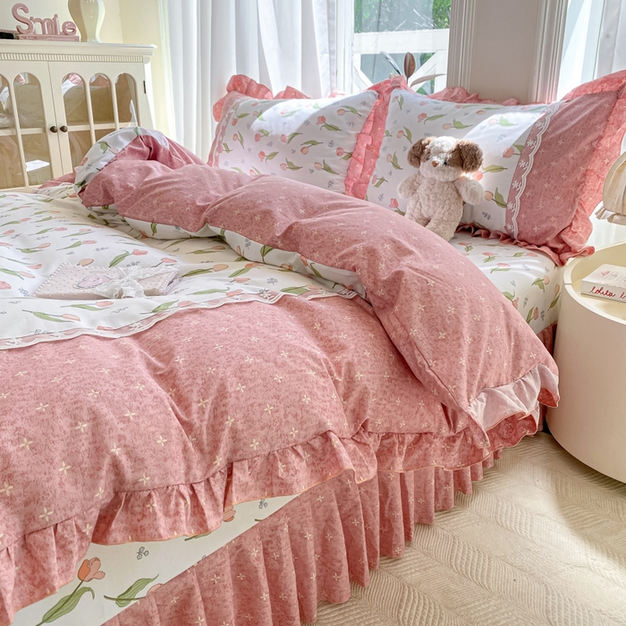 91家纺网 家纺一手货源 找家纺 皇谱家纺 2025新款A类有氧木棉床裙四件套 心花朵朵