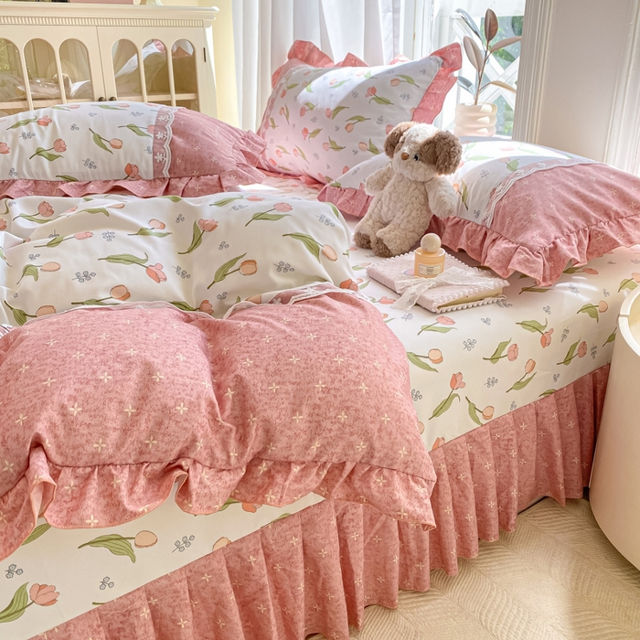 91家纺网 家纺一手货源 找家纺 皇谱家纺 2025新款A类有氧木棉床裙四件套 心花朵朵