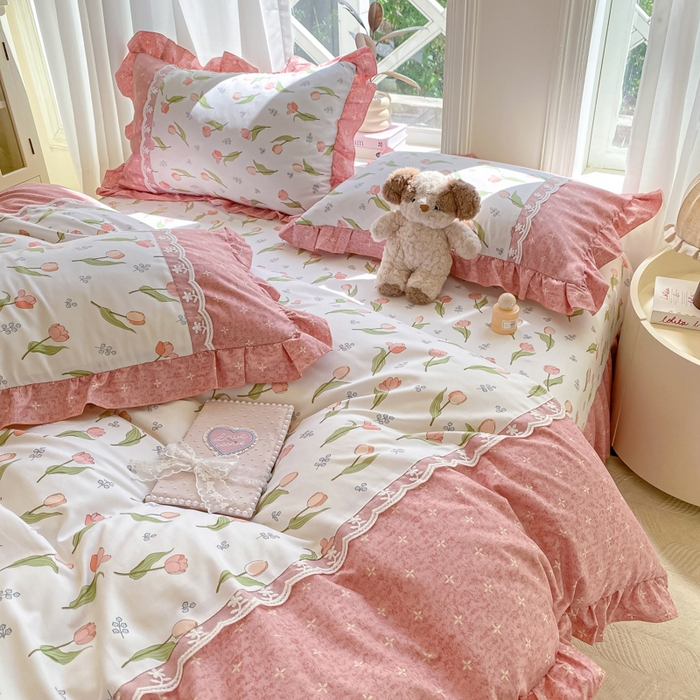 91家纺网 家纺一手货源 找家纺 皇谱家纺 2025新款A类有氧木棉床裙四件套 心花朵朵