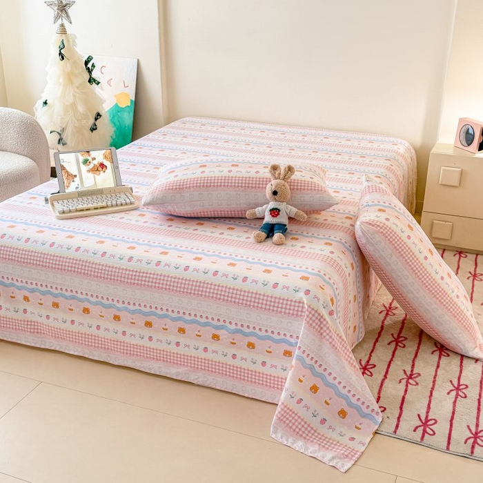 91家纺网 家纺一手货源 找家纺 温眠家纺 2025春夏新款A类云感棉双层纱床单单床单枕套三件套 草莓蛋糕