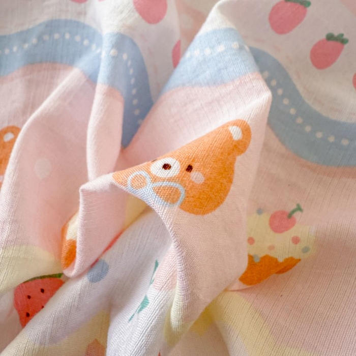 91家纺网 家纺一手货源 找家纺 温眠家纺 2025春夏新款A类云感棉双层纱床单单床单枕套三件套 草莓蛋糕