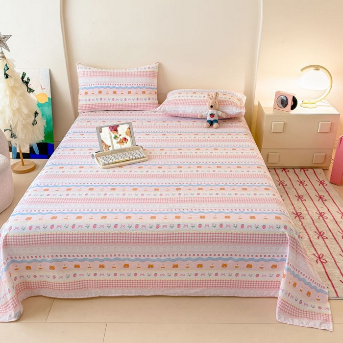 91家纺网 家纺一手货源 找家纺 温眠家纺 2025春夏新款A类云感棉双层纱床单单床单枕套三件套 草莓蛋糕