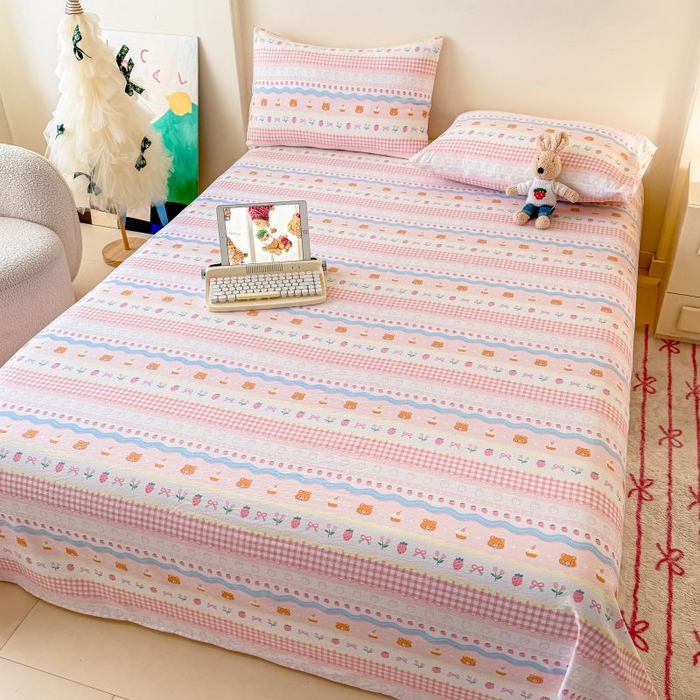 91家纺网 家纺一手货源 找家纺 温眠家纺 2025春夏新款A类云感棉双层纱床单单床单枕套三件套 草莓蛋糕