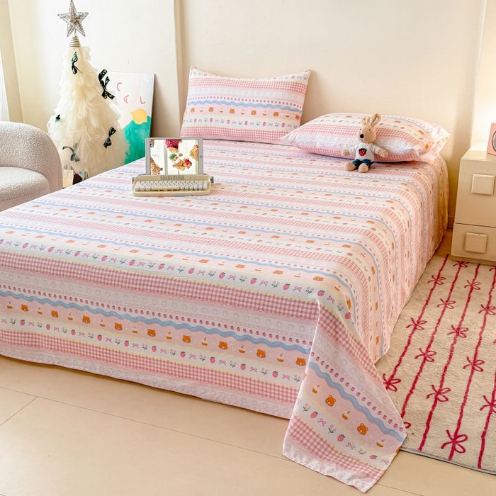 91家纺网 家纺一手货源 找家纺 温眠家纺 2025春夏新款A类云感棉双层纱床单单床单枕套三件套 草莓蛋糕