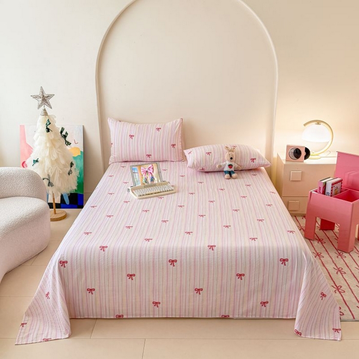 91家纺网 家纺一手货源 找家纺 温眠家纺 2025春夏新款A类云感棉双层纱床单单床单枕套三件套 蝴蝶结