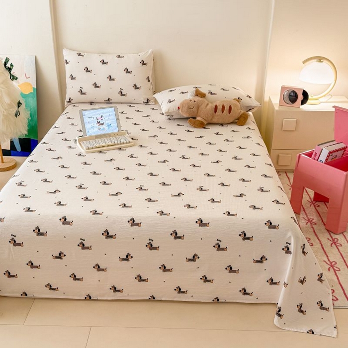 91家纺网 家纺一手货源 找家纺 温眠家纺 2025春夏新款A类云感棉双层纱床单单床单枕套三件套 腊肠狗