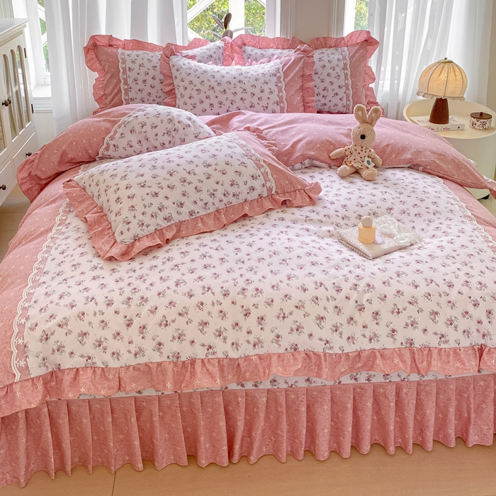 91家纺网 家纺一手货源 找家纺 皇谱家纺 2025新款A类有氧木棉床裙四件套 北海恋人