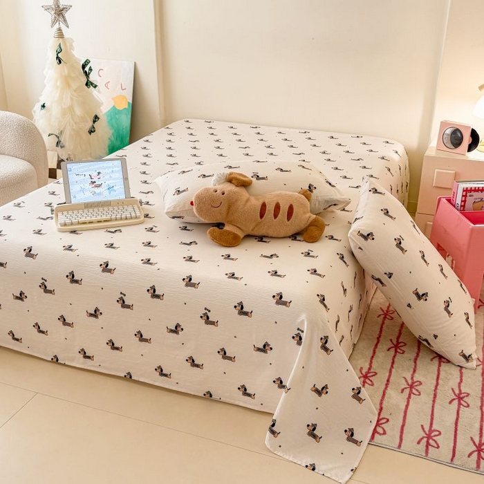 91家纺网 家纺一手货源 找家纺 温眠家纺 2025春夏新款A类云感棉双层纱床单单床单枕套三件套 腊肠狗