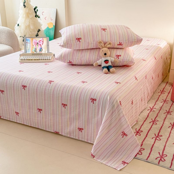 91家纺网 家纺一手货源 找家纺 温眠家纺 2025春夏新款A类云感棉双层纱床单单床单枕套三件套 蝴蝶结