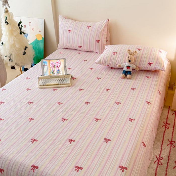 91家纺网 家纺一手货源 找家纺 温眠家纺 2025春夏新款A类云感棉双层纱床单单床单枕套三件套 蝴蝶结