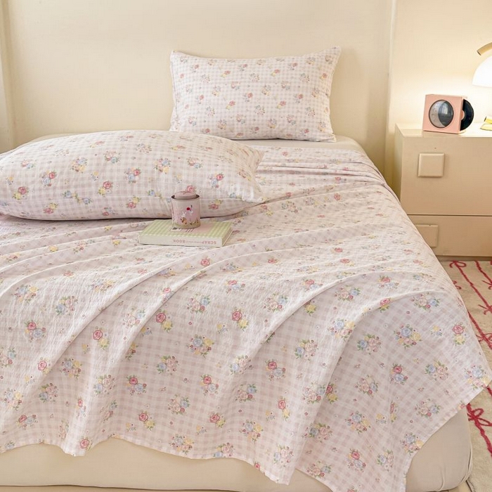 91家纺网 家纺一手货源 找家纺 温眠家纺 2025春夏新款A类云感棉双层纱床单单床单枕套三件套 花漾甜心