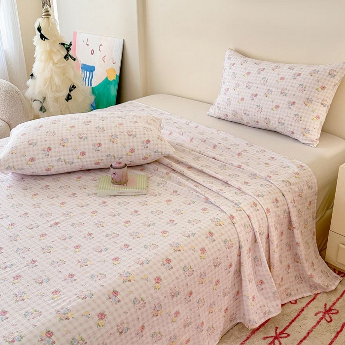 91家纺网 家纺一手货源 找家纺 温眠家纺 2025春夏新款A类云感棉双层纱床单单床单枕套三件套 花漾甜心