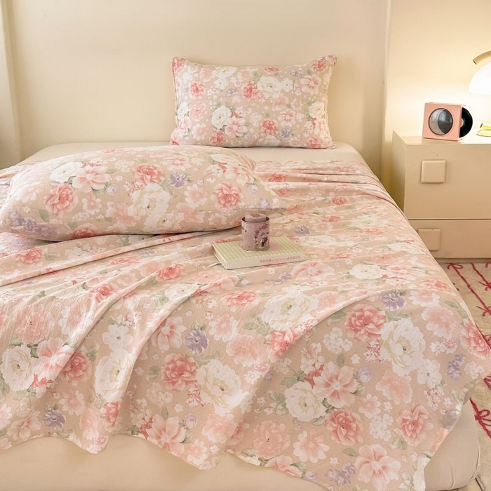 91家纺网 家纺一手货源 找家纺 温眠家纺 2025春夏新款A类云感棉双层纱床单单床单枕套三件套 国色芳华