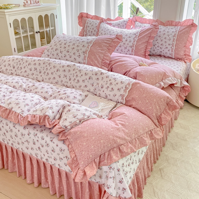 91家纺网 家纺一手货源 找家纺 皇谱家纺 2025新款A类有氧木棉床裙四件套 北海恋人