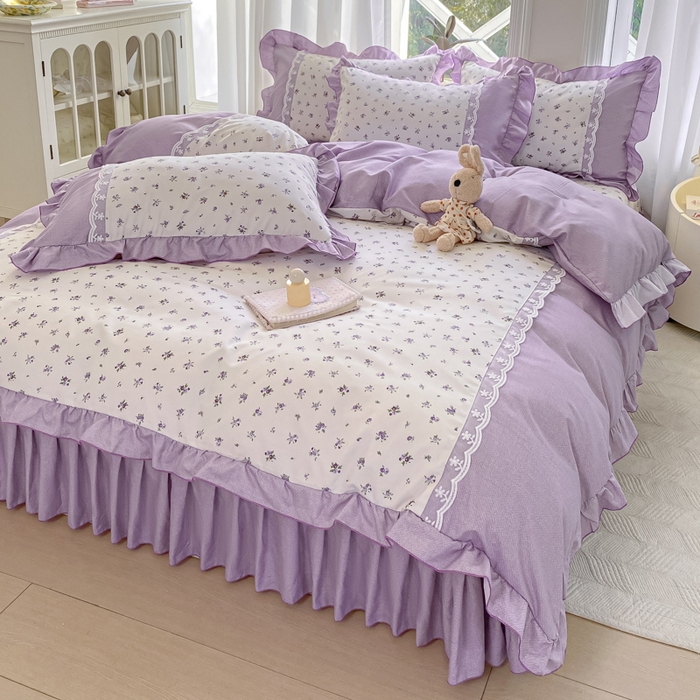 91家纺网 家纺一手货源 找家纺 皇谱家纺 2025新款A类有氧木棉床裙四件套 蓝风铃