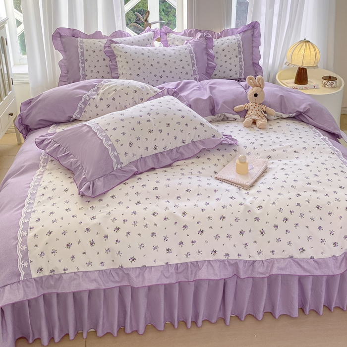 91家纺网 家纺一手货源 找家纺 皇谱家纺 2025新款A类有氧木棉床裙四件套 蓝风铃